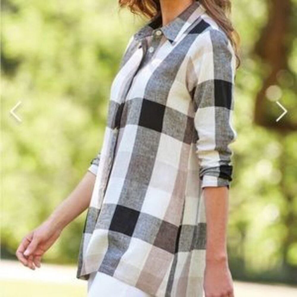 Soft Surroundings Carreaux Linen Blend Ivory/Charcoal Plaid Button Down Shirt